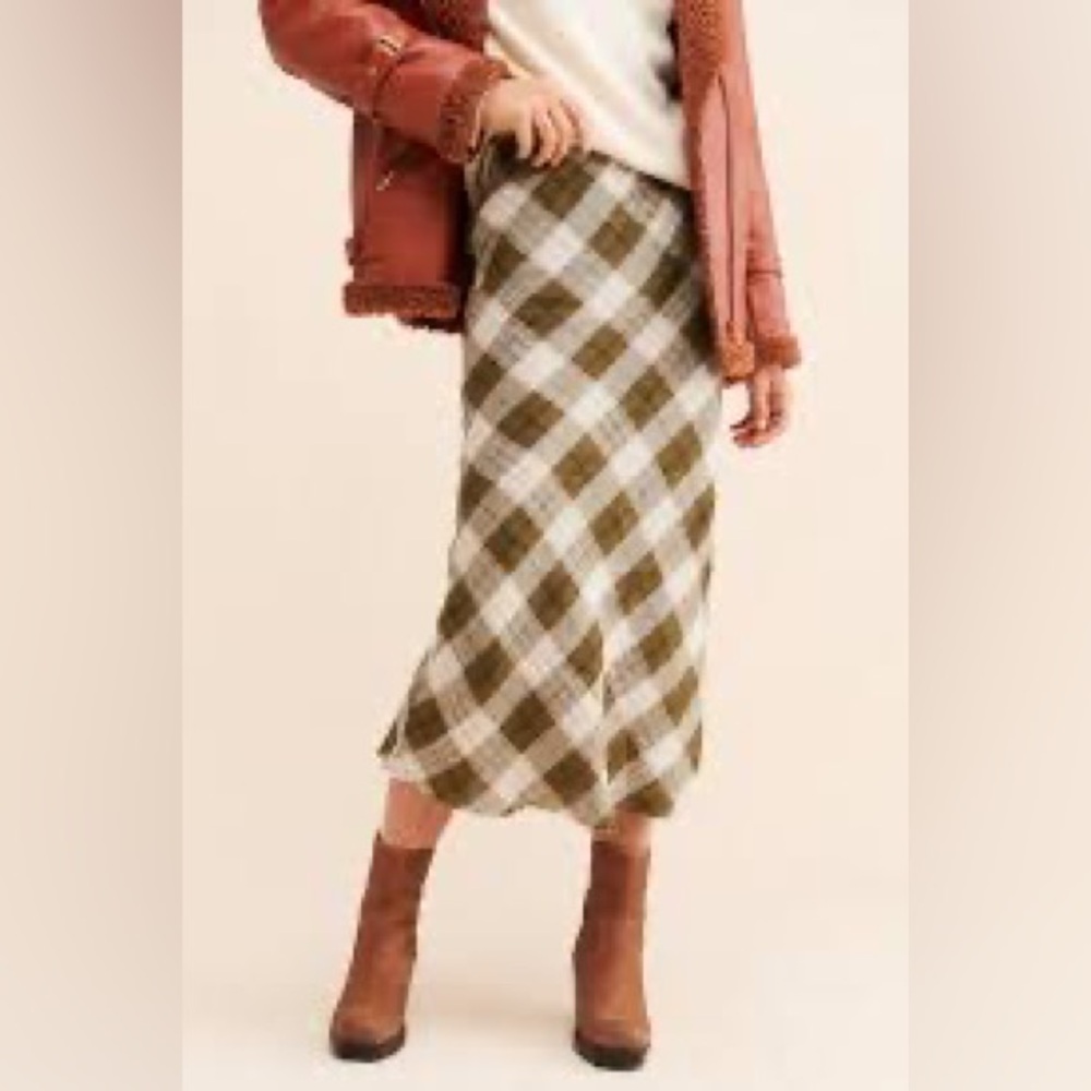 Anthropologie Little Lies linen plaid midi‎ skirt coastal minimalist size medium